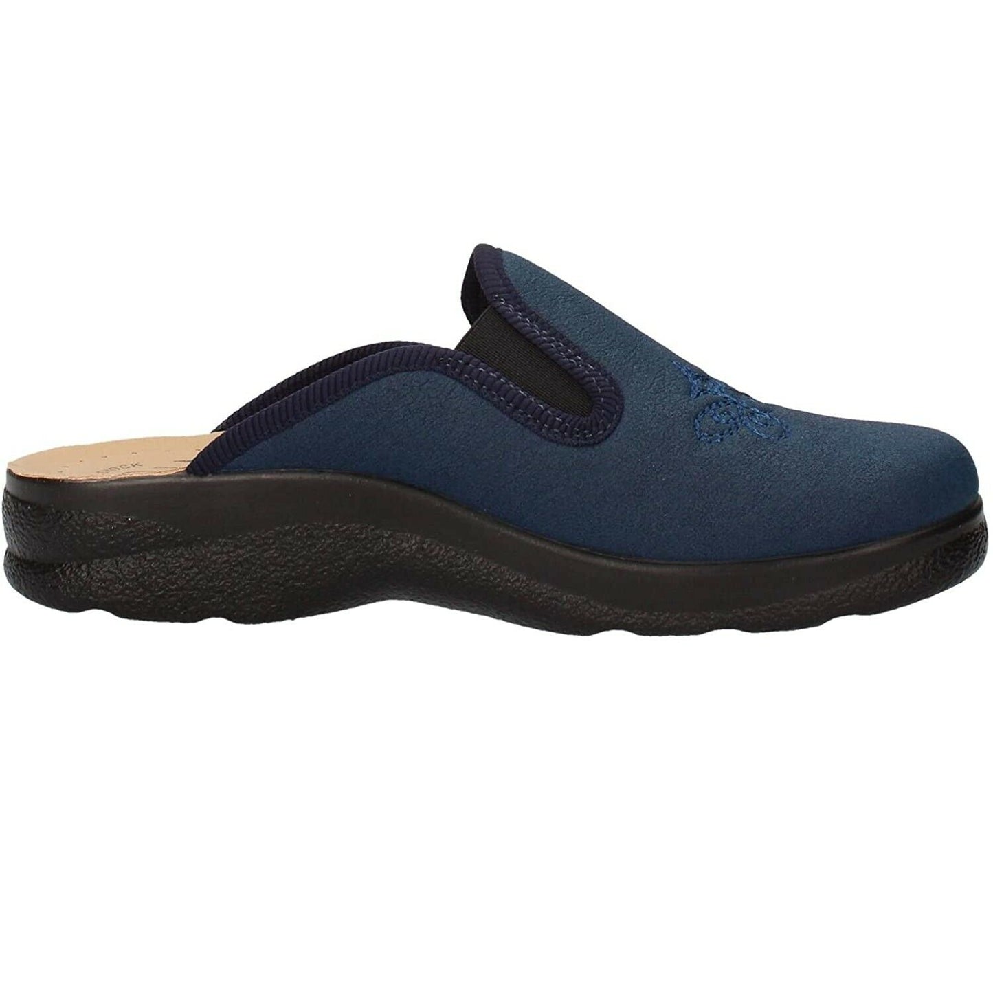 pantofola da donna colore blu, con elastico laterale, suola antiscivolo e rialzo 3 cm - fly flot