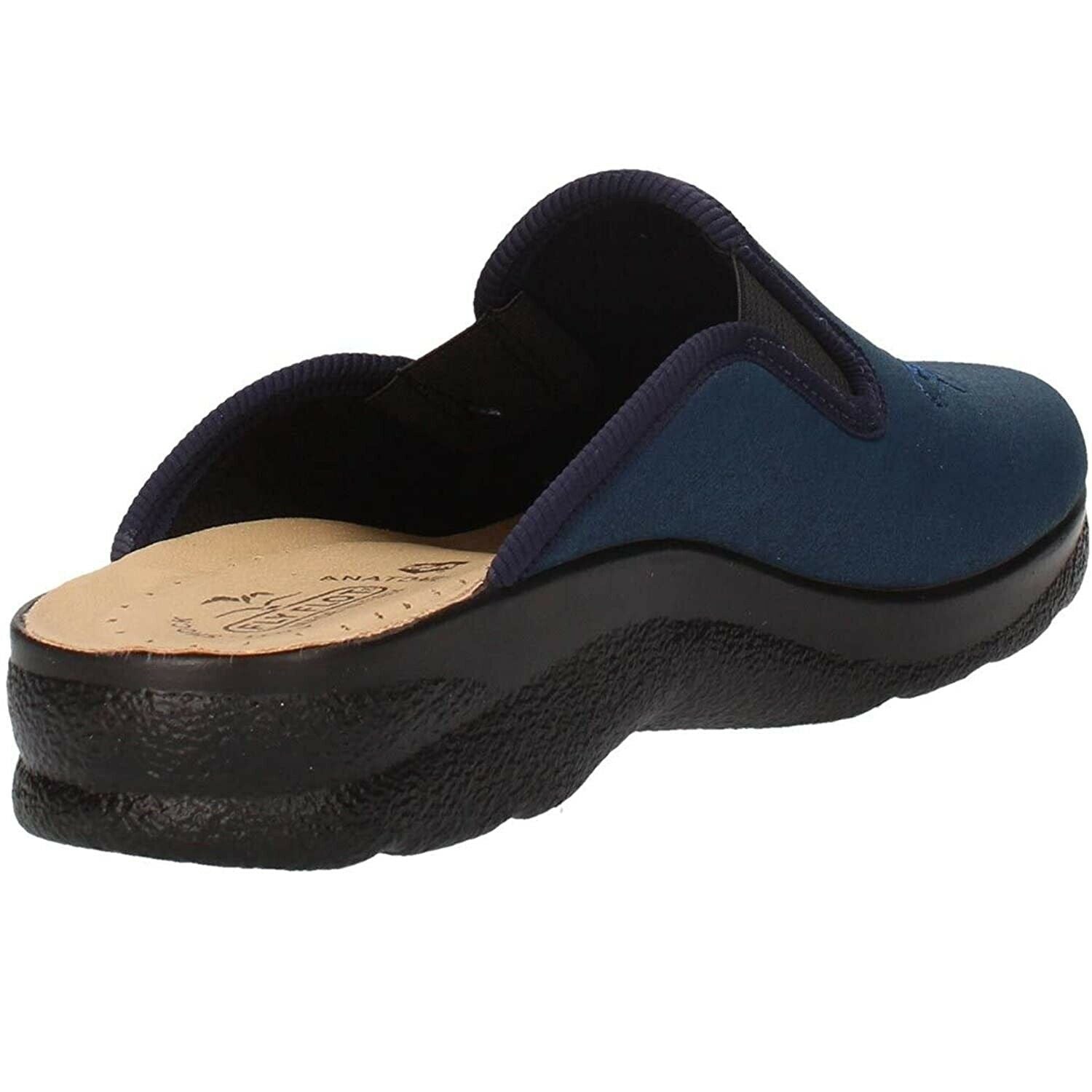 pantofola da donna colore blu, con elastico laterale, suola antiscivolo e rialzo 3 cm - fly flot