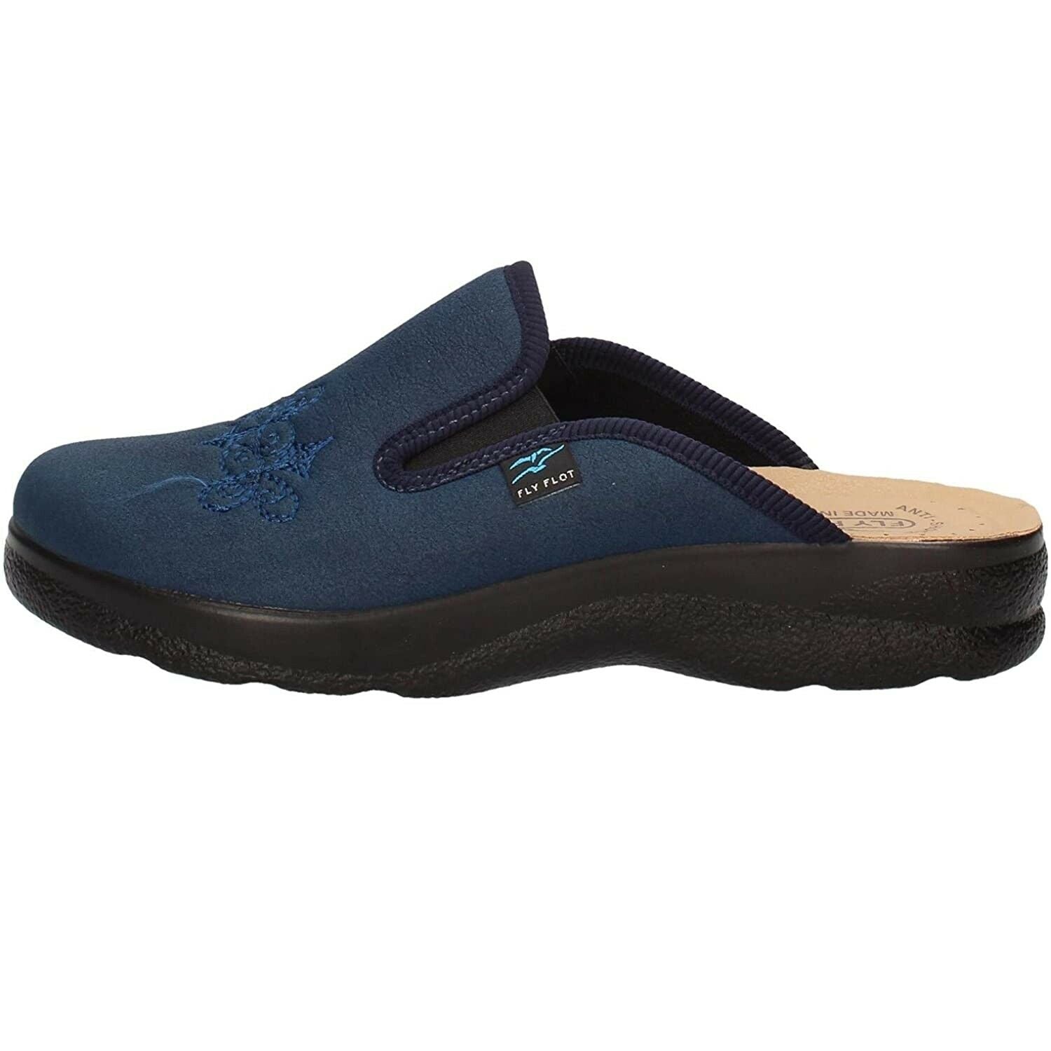 pantofola da donna colore blu, con elastico laterale, suola antiscivolo e rialzo 3 cm - fly flot