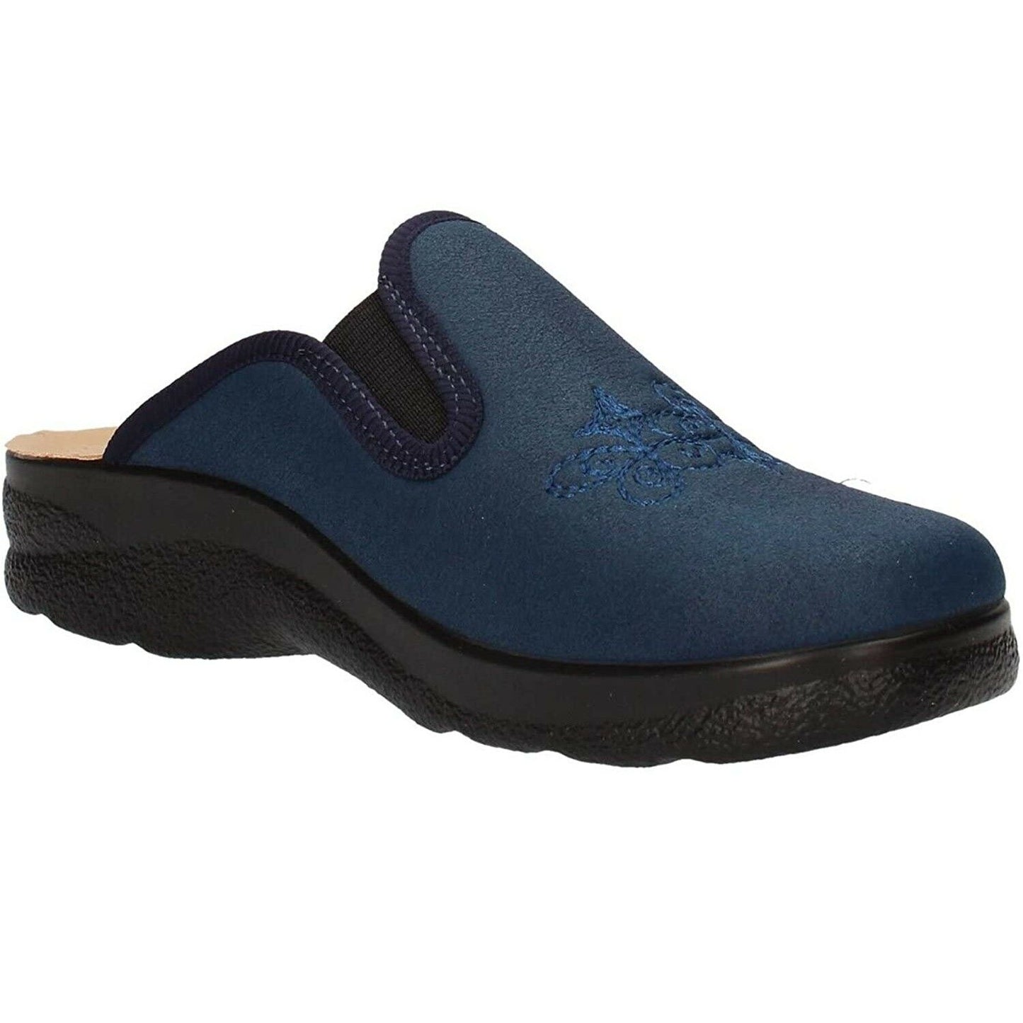 pantofola da donna colore blu, con elastico laterale, suola antiscivolo e rialzo 3 cm - fly flot