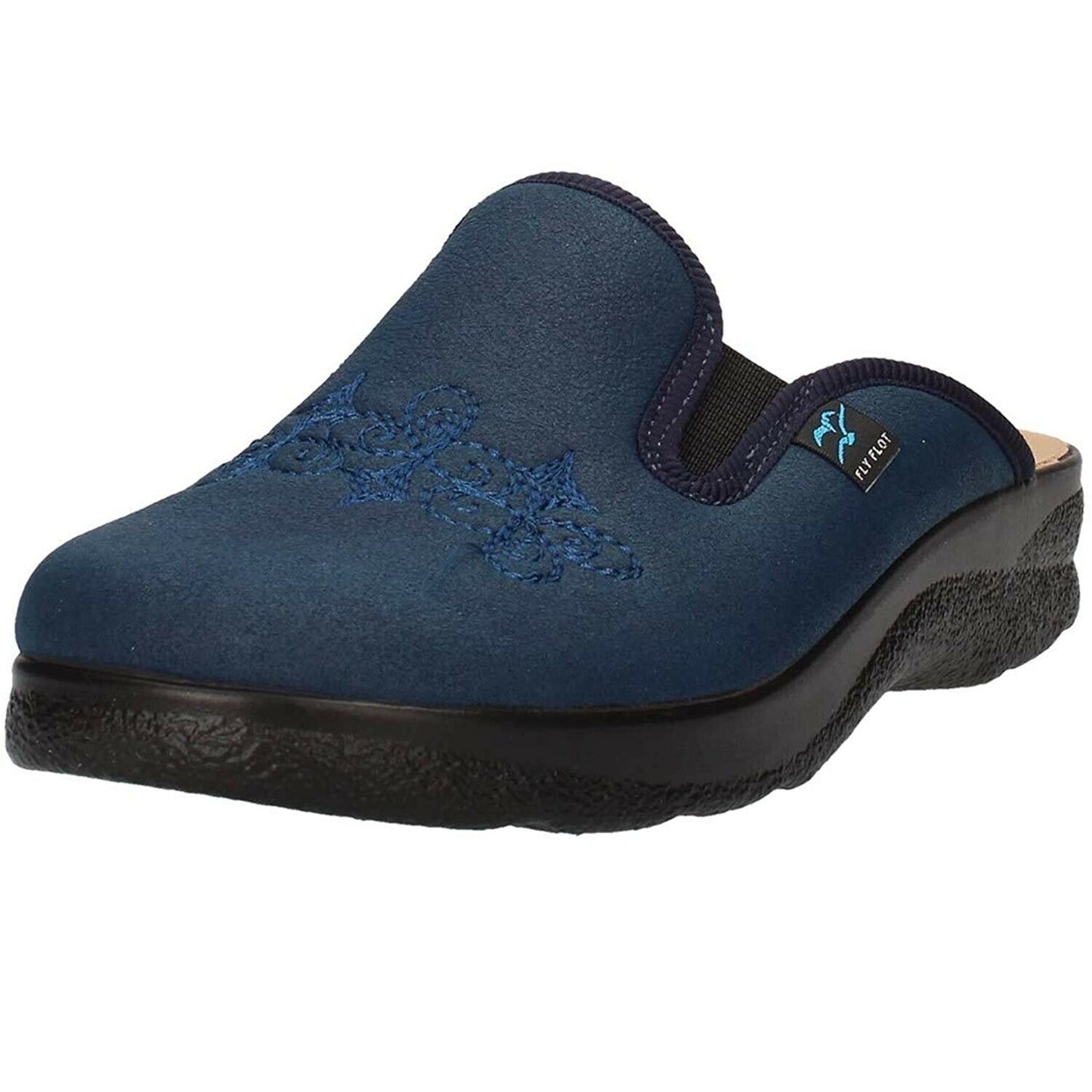 pantofola da donna colore blu, con elastico laterale, suola antiscivolo e rialzo 3 cm - fly flot